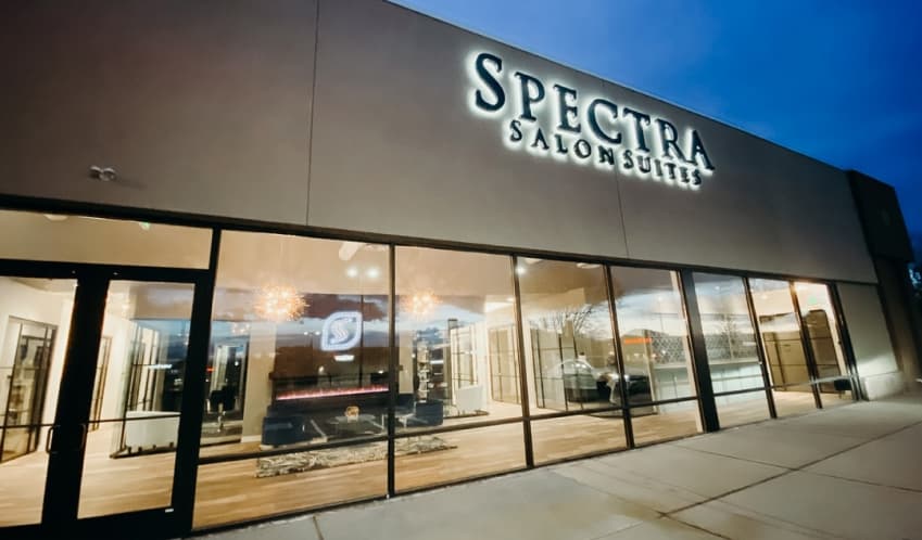 The exterior of a Spectra suite with large glass panes